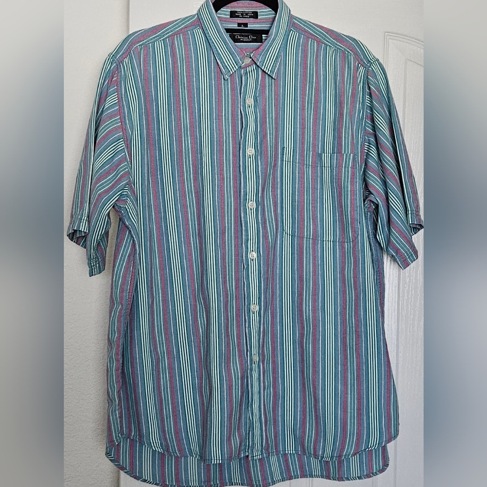 Vintage Christian Dior Monsieur Shirt Mens Large Striped Short Sleeve 90s Retro